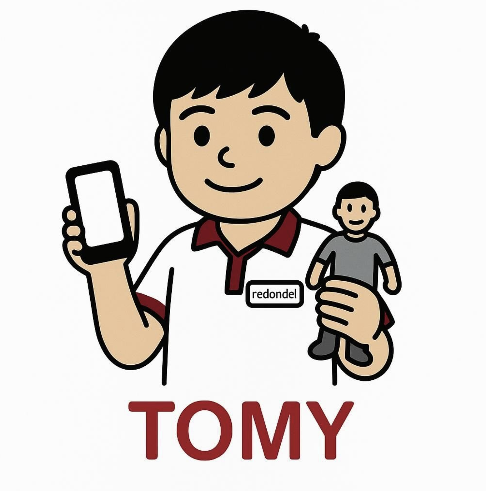 Tomy sosteniendo un teléfono y un pictograma personalizado